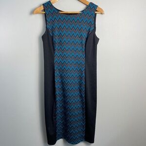 Nine West Women's Sleeveless Black/Teal Aztec Geometric‎ Midi Dress Size 8